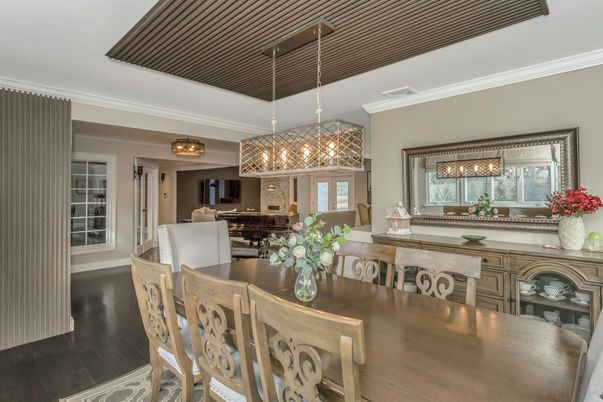 Chandelier, Dining room, Interior, Pendant Lights, Wood Texture Flooring