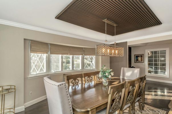 Dining room, Interior, Pendant Lights, Wood Texture Flooring