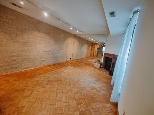 Empty room, Fireplace, Interior, Recessed Lighting, Wood Texture Flooring