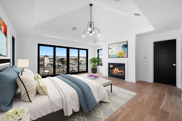 Bedroom, Fireplace, Interior, Pendant Lights, Wood Texture Flooring