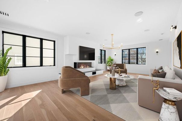 Fireplace, Interior, Living room, Pendant Lights, Wood Texture Flooring