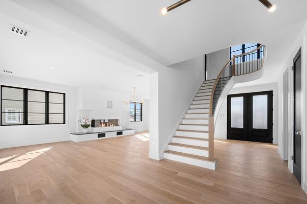 Fireplace, Interior, Pendant Lights, Recessed Lighting, Wood Texture Flooring