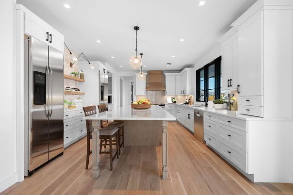 Interior, Kitchen, Pendant Lights, Recessed Lighting, Stainless Steel Appliances, Wood Texture Flooring