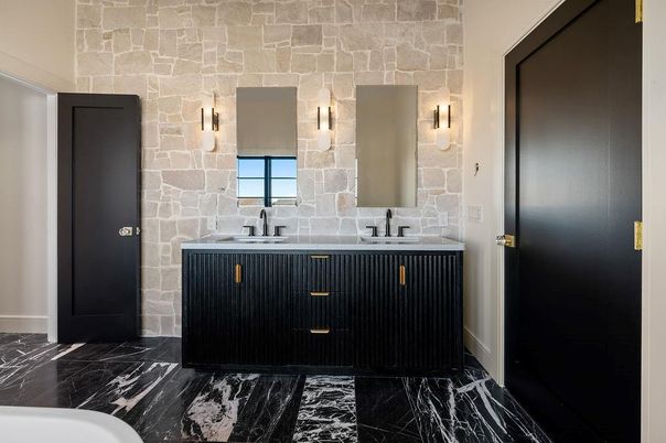 Bathroom, Dual Sink Vanities, Interior, Marble, Stone Walls