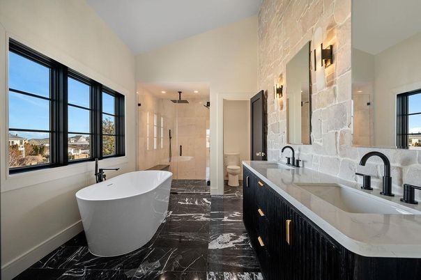 Bathroom, Dual Sink Vanities, Free Standing Baths, Glass Shower, Interior, Marble, Recessed Lighting