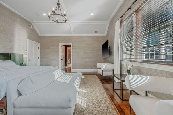 Bedroom, Chandelier, Interior, Recessed Lighting, Wood Texture Flooring