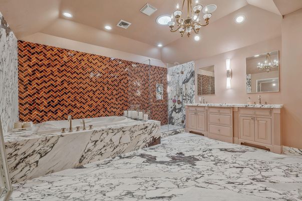 Bathroom, Dual Sink Vanities, Glass Shower, Interior, Marble, Recessed Lighting