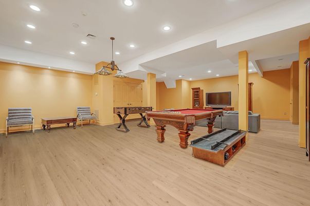 Billiard Table, Game Room, Interior, Pendant Lights, Recessed Lighting, Wood Texture Flooring