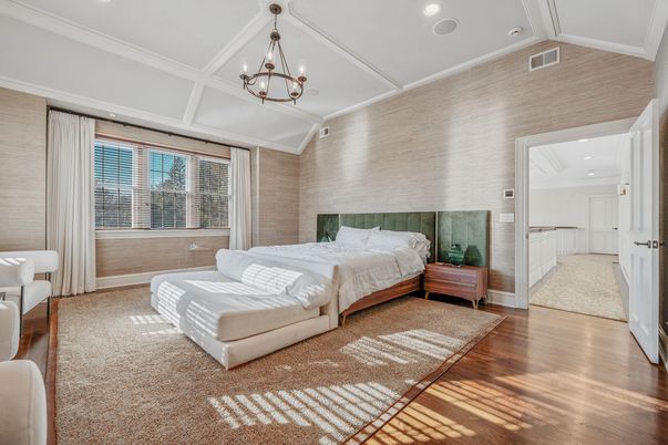 Bedroom, Chandelier, Interior, Pendant Lights, Recessed Lighting, Wood Texture Flooring