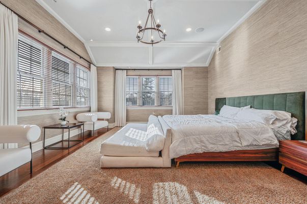 Bedroom, Interior, Pendant Lights, Recessed Lighting, Wood Texture Flooring