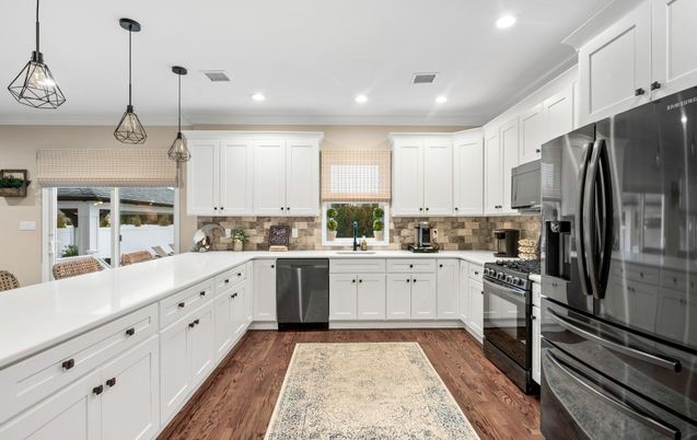 Interior, Kitchen, Pendant Lights, Recessed Lighting, Stainless Steel Appliances, Wood Texture Flooring