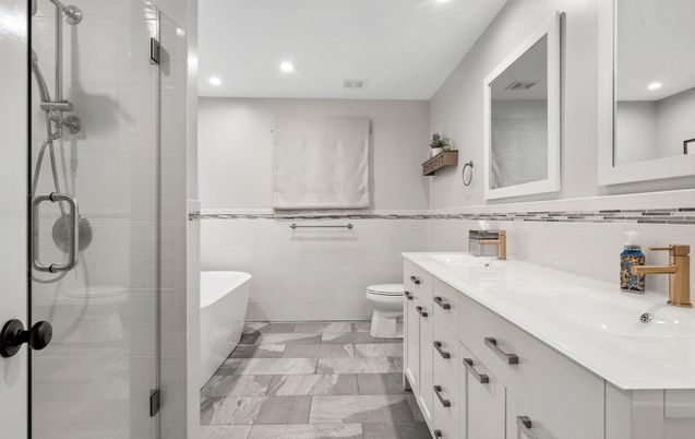 Bathroom, Dual Sink Vanities, Glass Shower, Interior, Recessed Lighting