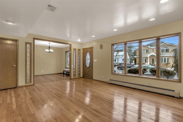 Chandelier, Empty room, Interior, Recessed Lighting, Wood Texture Flooring