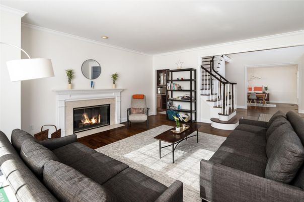 Dining room, Fireplace, Interior, Living room, Recessed Lighting, Wood Texture Flooring