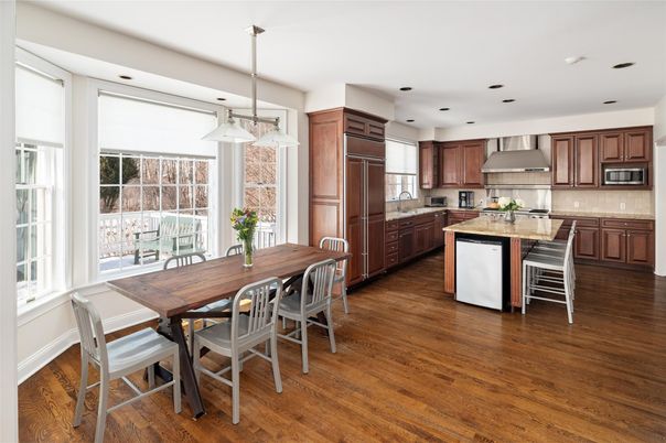 Dining room, Interior, Kitchen, Pendant Lights, Recessed Lighting, Wood Texture Flooring