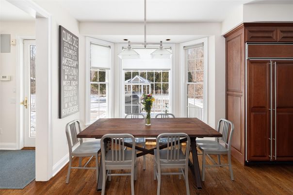 Dining room, Interior, Pendant Lights, Wood Texture Flooring