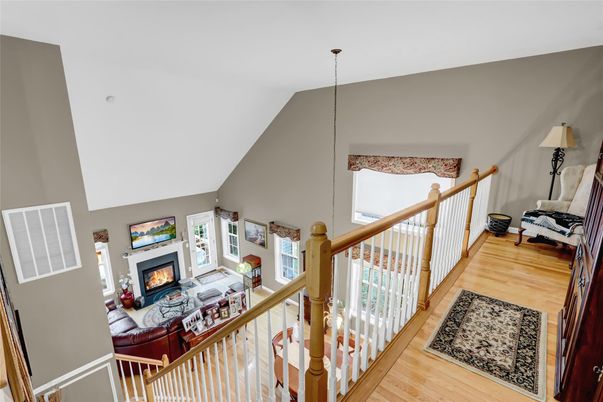 Fireplace, Interior, Living room, Pendant Lights, Wood Texture Flooring
