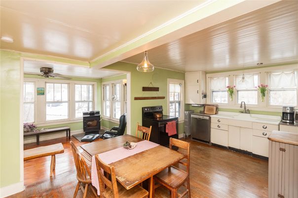 Dining room, Interior, Kitchen, Pendant Lights, Wood Texture Flooring