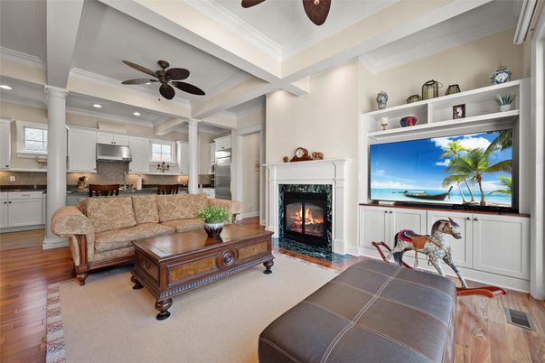 Fireplace, Interior, Kitchen, Living room, Recessed Lighting, Wood Texture Flooring