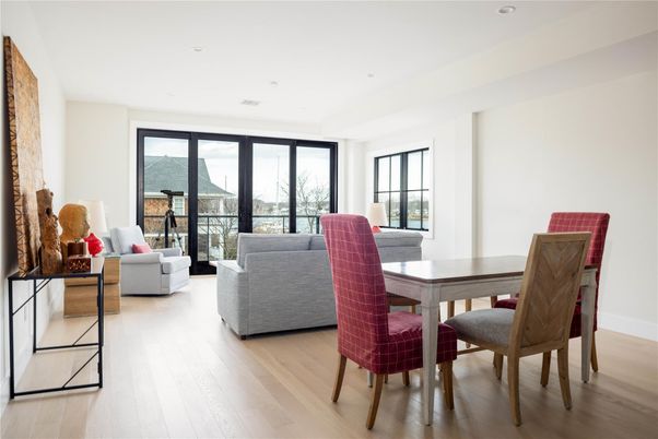 Dining room, Interior, Living room, Recessed Lighting, Wood Texture Flooring