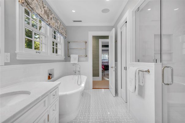 Bathroom, Dual Sink Vanities, Free Standing Baths, Glass Shower, Interior, Recessed Lighting