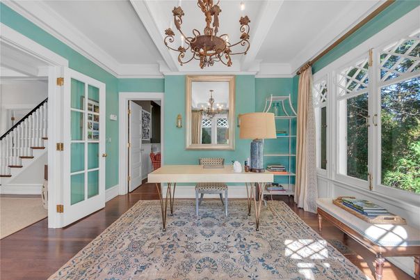 Chandelier, Home Office, Interior, Wood Texture Flooring