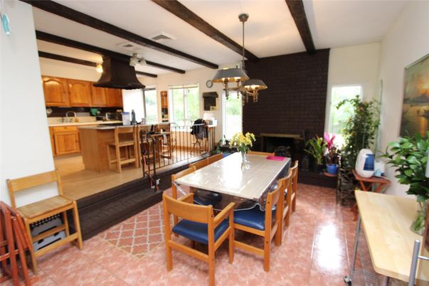 Dining room, Fireplace, Interior, Kitchen, Pendant Lights, Stone Walls, Wooden Beams