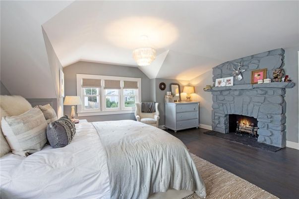 Bedroom, Chandelier, Fireplace, Interior, Wood Texture Flooring