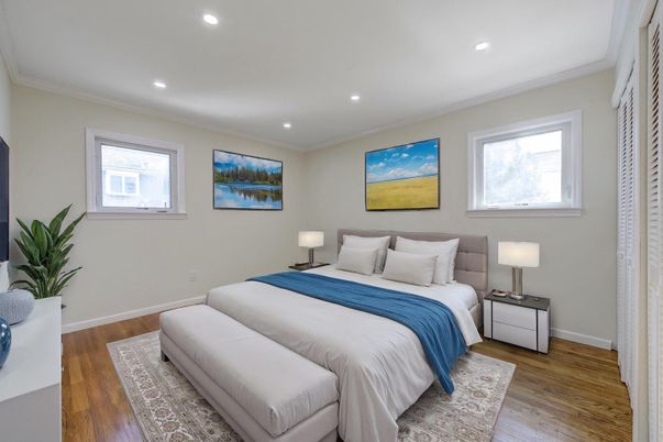 Bedroom, Interior, Recessed Lighting, Wood Texture Flooring