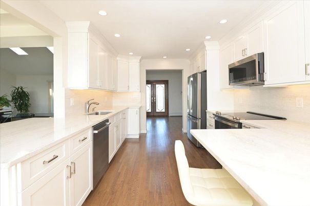 Interior, Kitchen, Recessed Lighting, Stainless Steel Appliances, Wood Texture Flooring