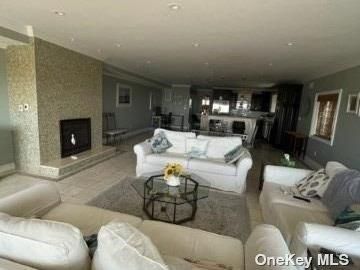 Dining room, Fireplace, Interior, Kitchen, Living room, Pendant Lights, Recessed Lighting, Stone Walls