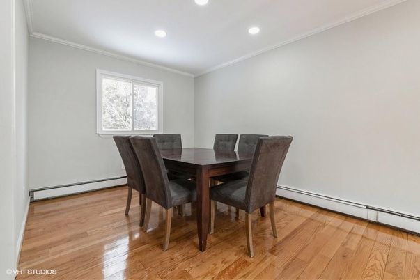 Dining room, Interior, Recessed Lighting, Wood Texture Flooring