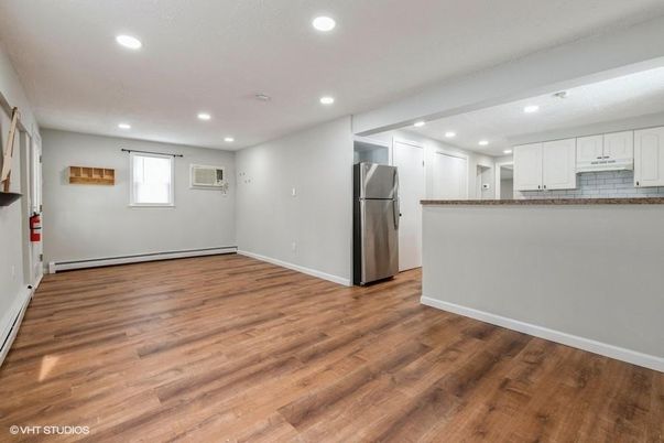 Empty room, Interior, Kitchen, Recessed Lighting, Wood Texture Flooring