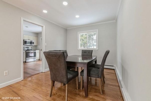 Dining room, Interior, Kitchen, Recessed Lighting, Stainless Steel Appliances, Wood Texture Flooring