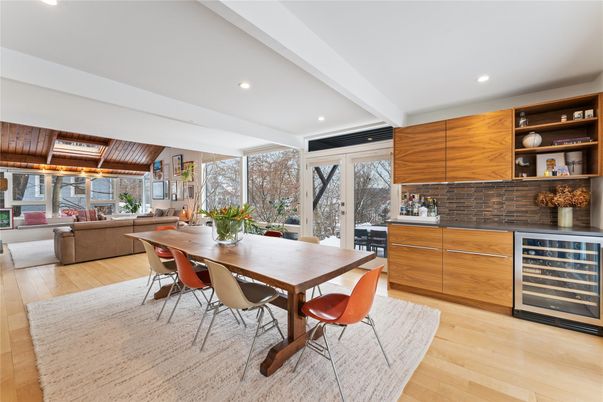 Dining room, Interior, Living room, Recessed Lighting, Wood Texture Flooring