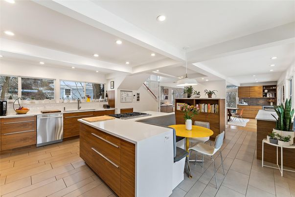 Dining room, Interior, Kitchen, Pendant Lights, Recessed Lighting, Stainless Steel Appliances, Wood Texture Flooring
