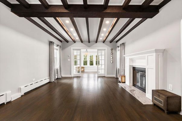 Empty room, Fireplace, Interior, Recessed Lighting, Wooden Beams, Wood Texture Flooring
