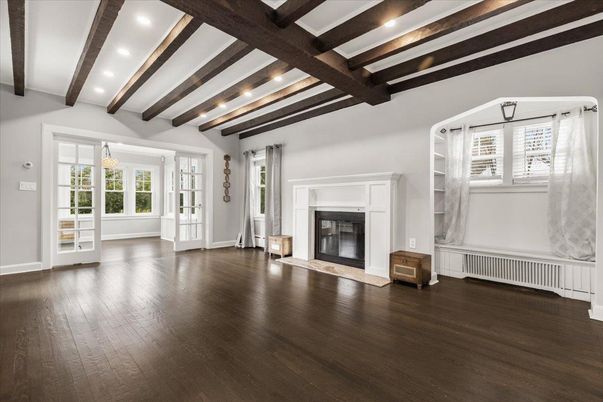 Empty room, Fireplace, Interior, Recessed Lighting, Wooden Beams, Wood Texture Flooring