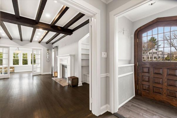 Fireplace, Interior, Recessed Lighting, Wooden Beams, Wood Texture Flooring