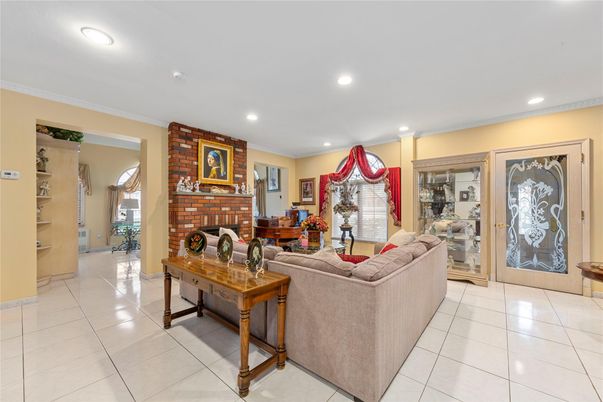 Fireplace, Interior, Living room, Recessed Lighting, Stone Walls