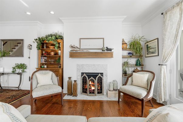 Fireplace, Interior, Recessed Lighting, Wood Texture Flooring