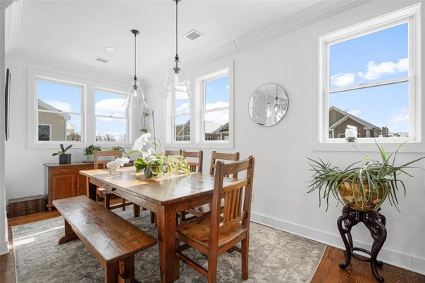 Dining room, Interior, Pendant Lights, Wood Texture Flooring