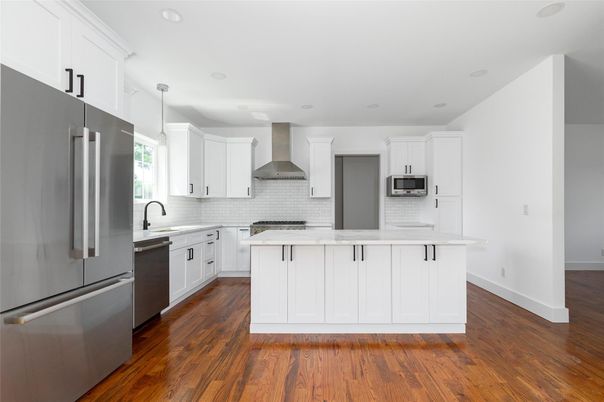 Interior, Kitchen, Pendant Lights, Recessed Lighting, Stainless Steel Appliances, Wood Texture Flooring