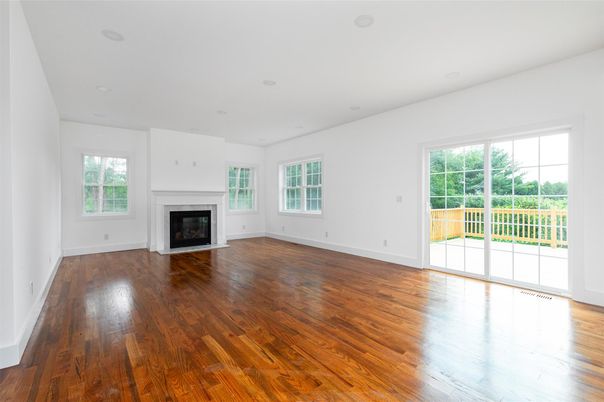 Empty room, Fireplace, Interior, Recessed Lighting, Wood Texture Flooring