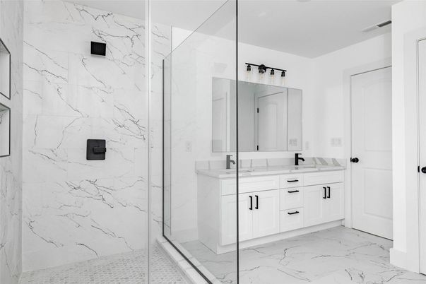 Bathroom, Dual Sink Vanities, Glass Shower, Interior, Marble, Marble Walls