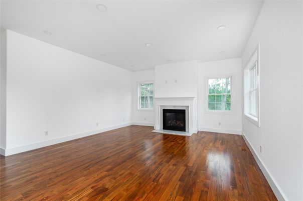 Empty room, Fireplace, Interior, Recessed Lighting, Wood Texture Flooring