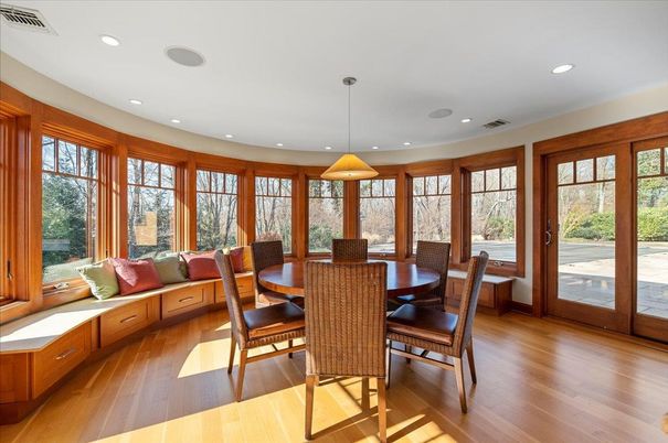Dining room, Interior, Pendant Lights, Recessed Lighting, Wood Texture Flooring