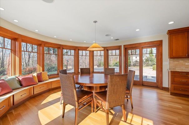 Dining room, Interior, Pendant Lights, Recessed Lighting, Wood Texture Flooring