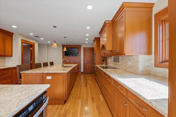 Interior, Kitchen, Pendant Lights, Recessed Lighting, Wood Texture Flooring
