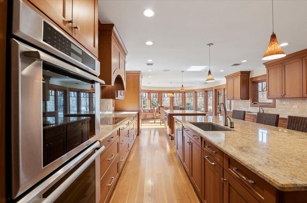 Interior, Kitchen, Pendant Lights, Recessed Lighting, Stainless Steel Appliances, Wood Texture Flooring